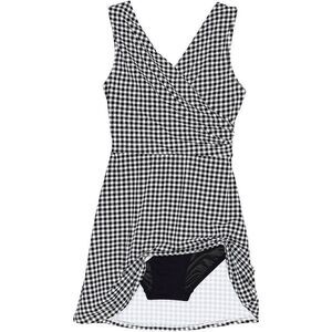 Land’s End surplice wrap black white gingham check one piece swim dress 10